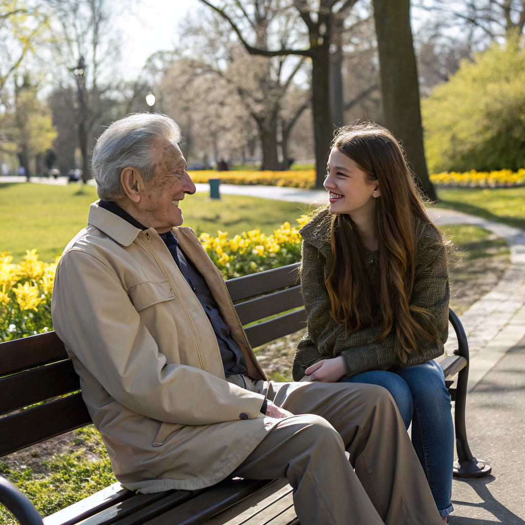 Older adult and young person sharing a conversation at a community event