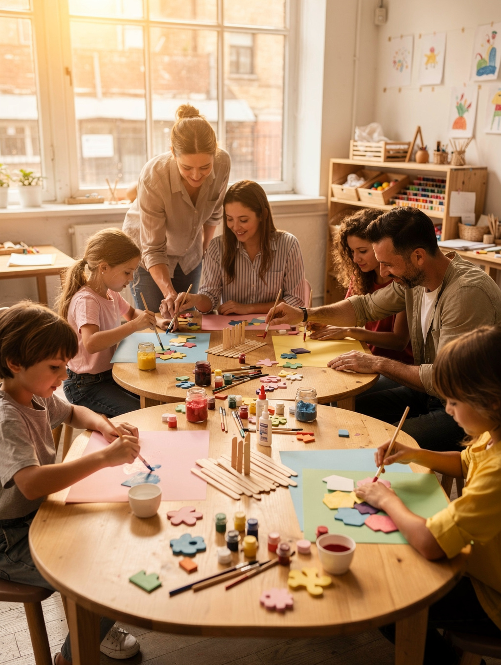 A mother and her two children smiling during a creative family workshop session