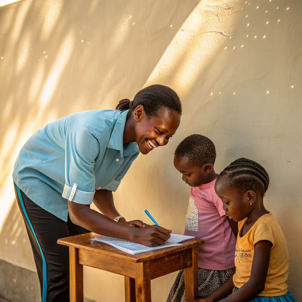 Volunteer sitting with a family in a warm, welcoming office space