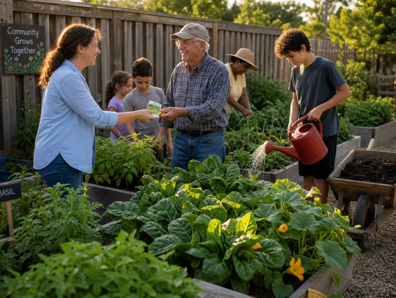 Diverse group of residents in a community garden