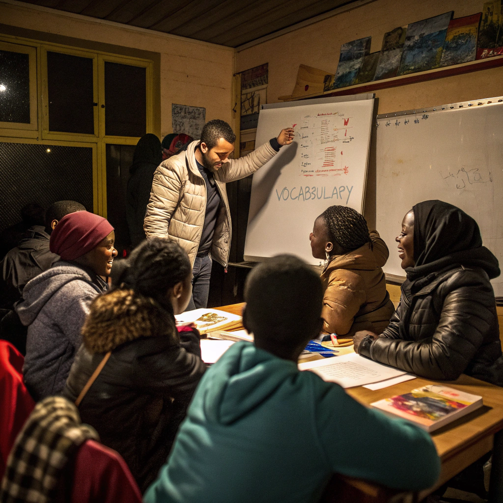 Volunteers helping refugees with language practice