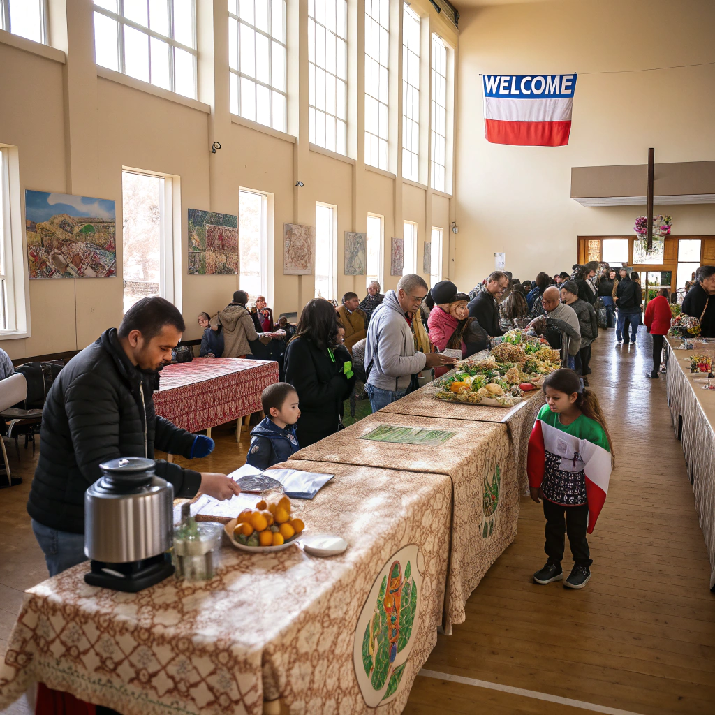 Community members welcoming refugee families