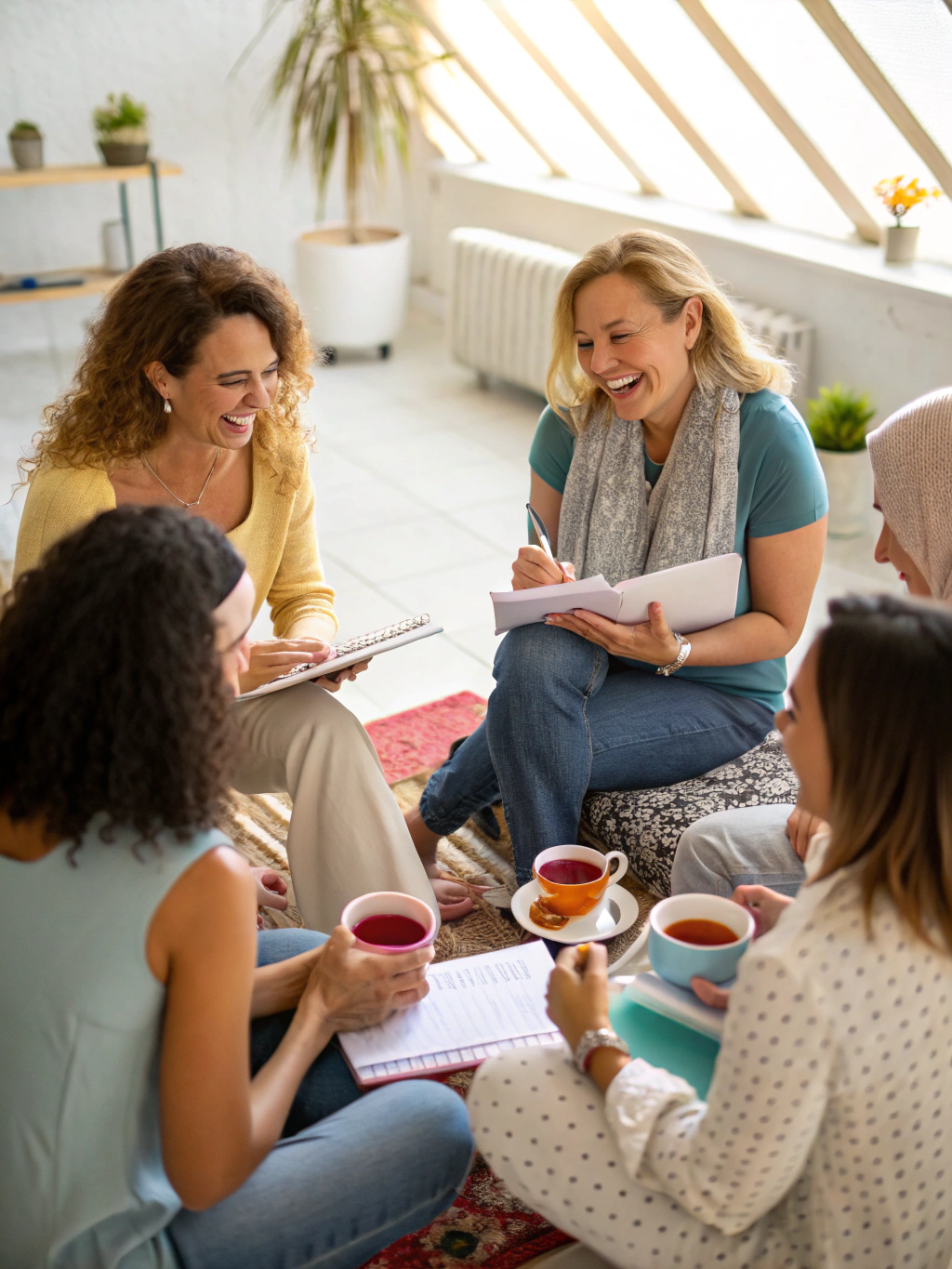 A diverse group of women sharing tea and conversation in a bright community room