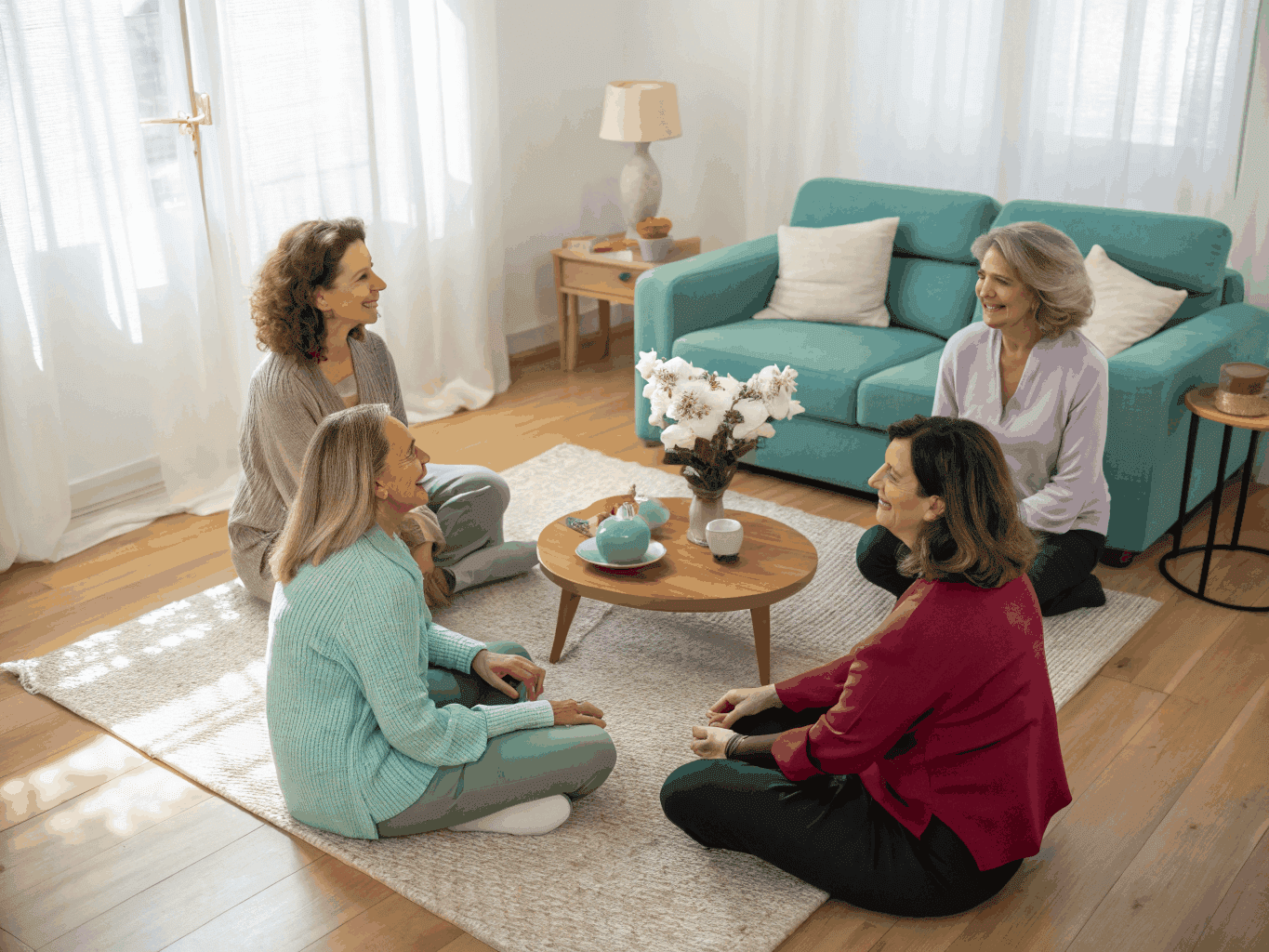 Women's peer support circle sharing life experiences and encouragement